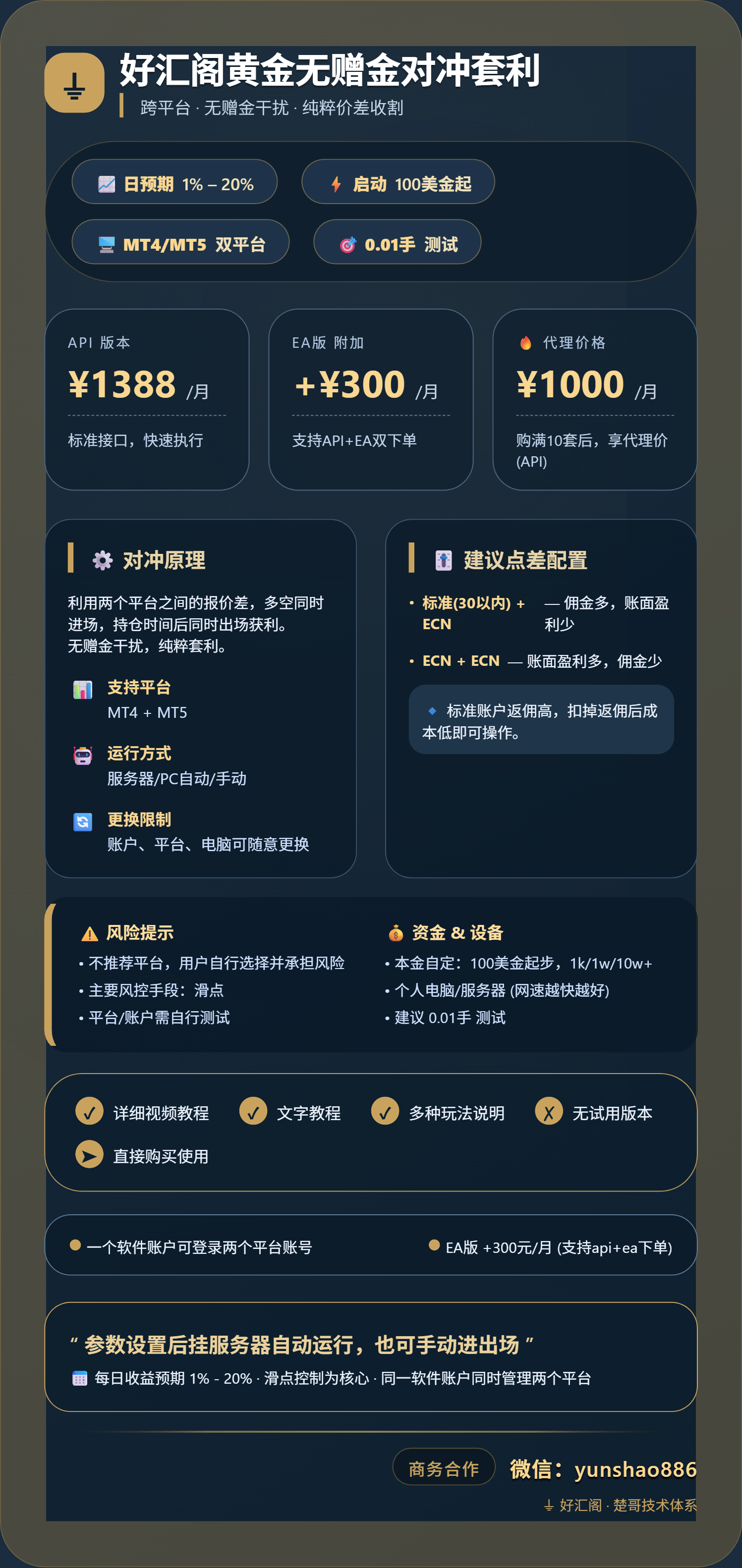 好汇阁黄金无赠金对冲套利